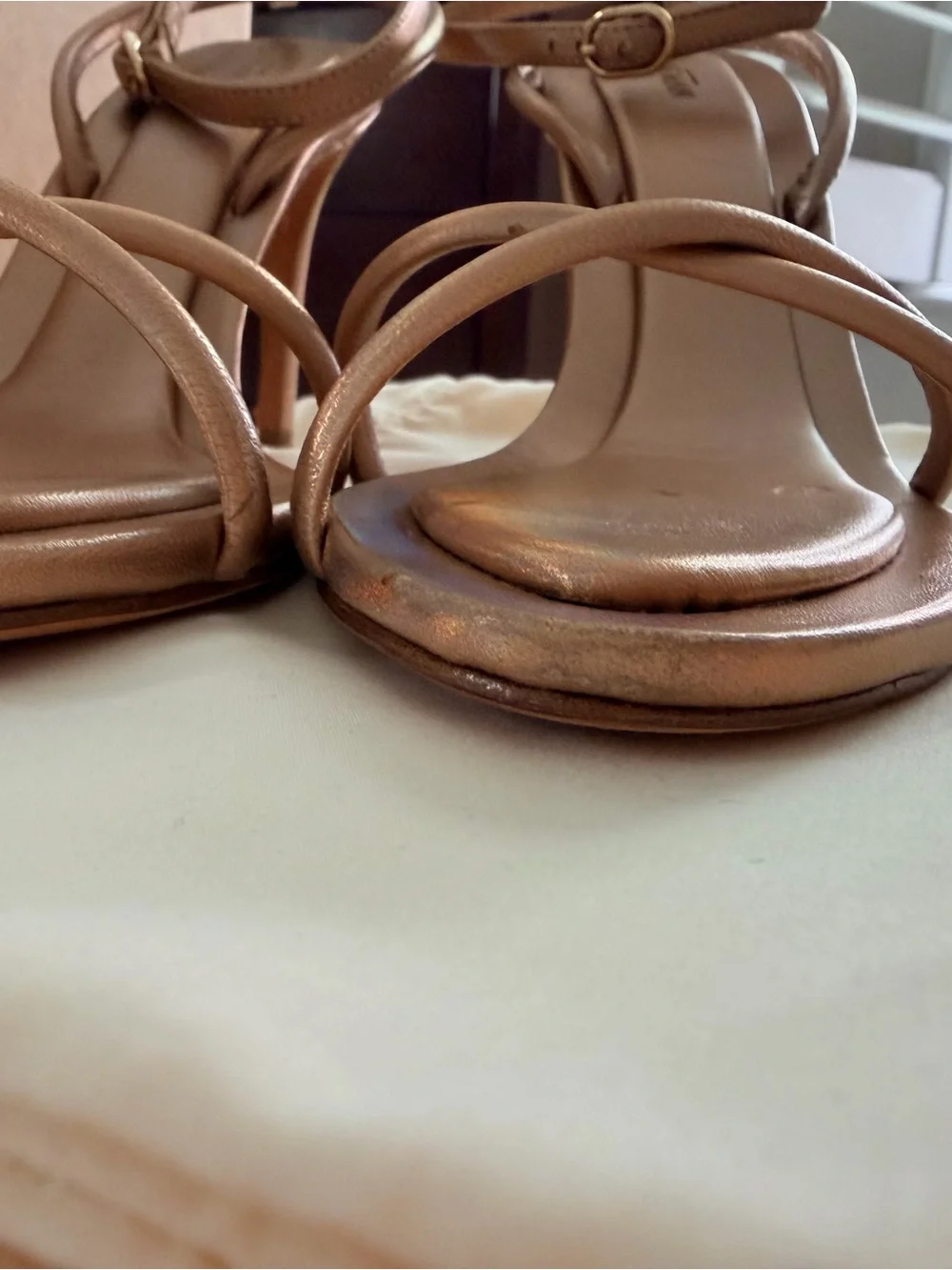 Alexandre Birman Rose Gold/Bronze Iridescent Strappy Stiletto Sandals